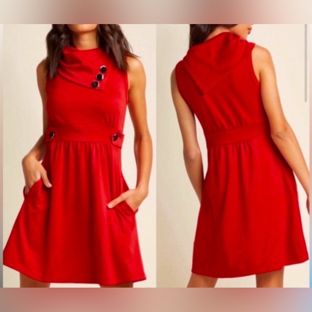 Monteau Red Midi Dress with Button Accents